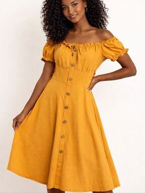 NWT Scarlet Darkness Mustard Yellow Off Shoulder Skater Dress Large Cottagecore